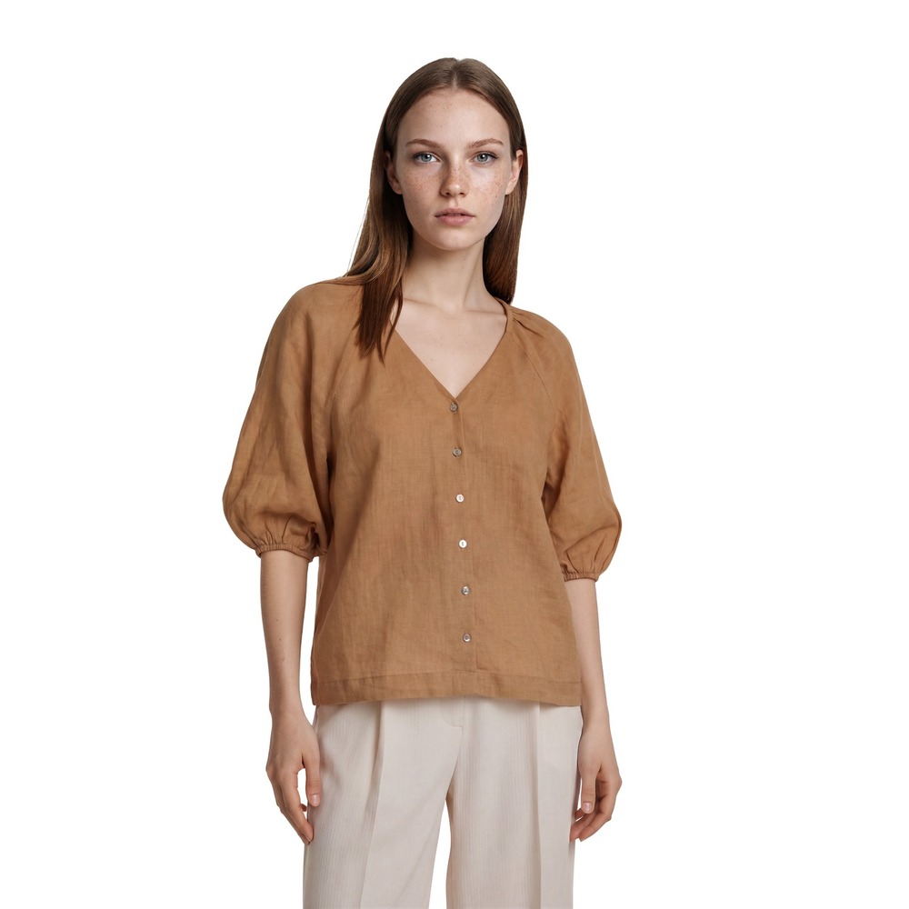 Every Blouse Women's Size Small Terracotta Orange Puff Sleeve Ramie V Neck Boho